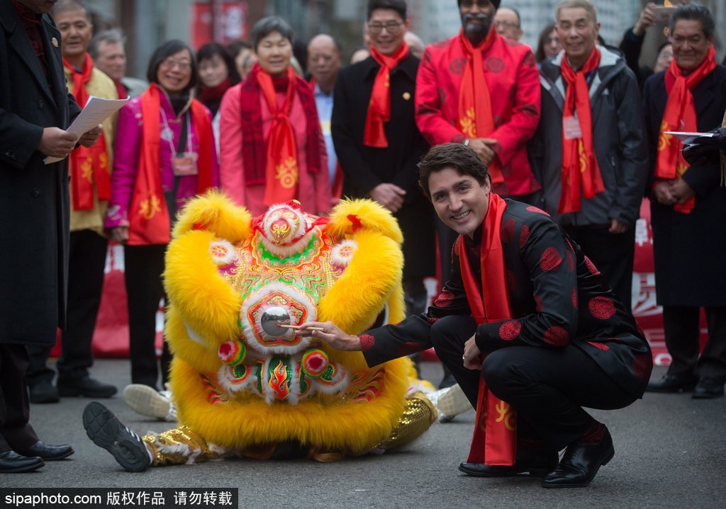 加拿大總理特魯多身著唐裝參加春節游行 撫摸舞獅頭激萌十足