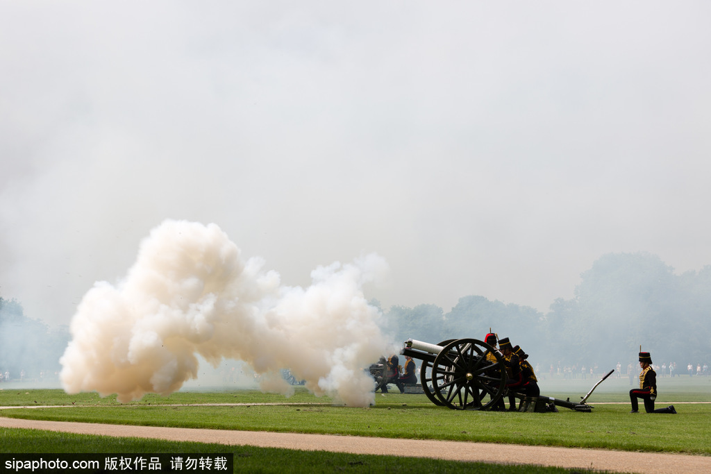 英國(guó)皇家騎兵鳴禮炮紀(jì)念女王伊麗莎白二世加冕64周年