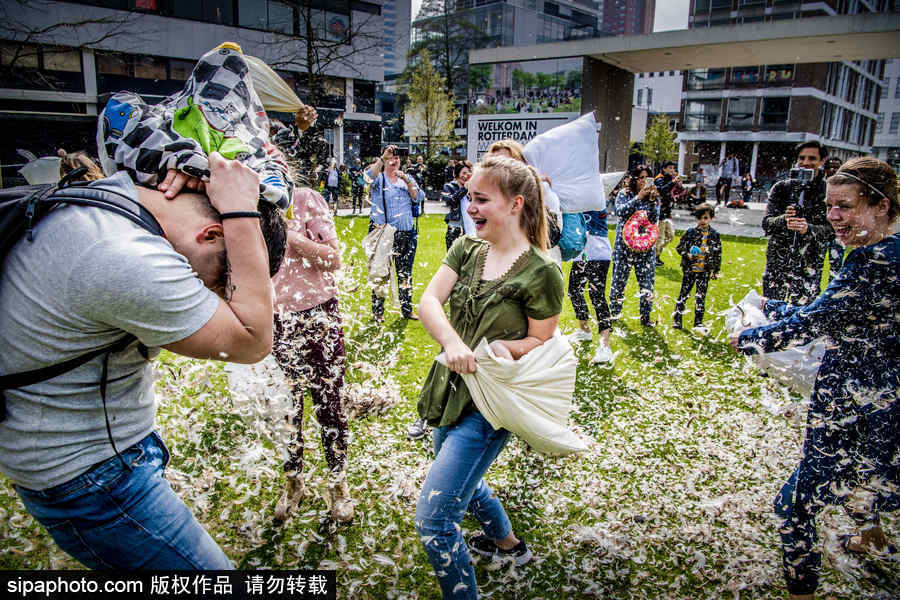 國際枕頭大戰日 荷蘭鹿特丹民眾街頭狂歡